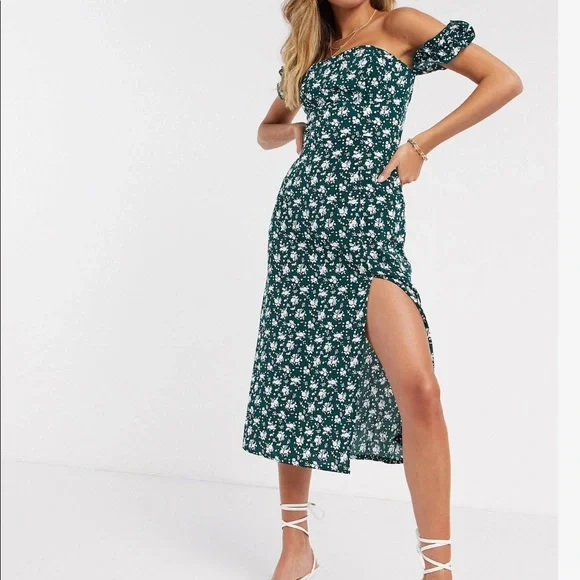Fashion Union Dresses | Fashion Union Floral Midi Slit Bardot Off The Shoulder Dress | Color: Green/White | Size: 10 | Lulg08's Closet Fashion Union Dresses | Fashion Union Floral Midi Slit Bardot Off The Shoulder Dress | Color: Green/White | Size: 10 | Lulg08's Closet